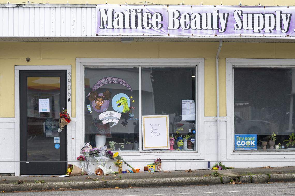 A memorial for Mattice Hoyt sits outside of Mattice Beauty Supply on Wednesday, Nov. 12, 2025, in Tacoma.