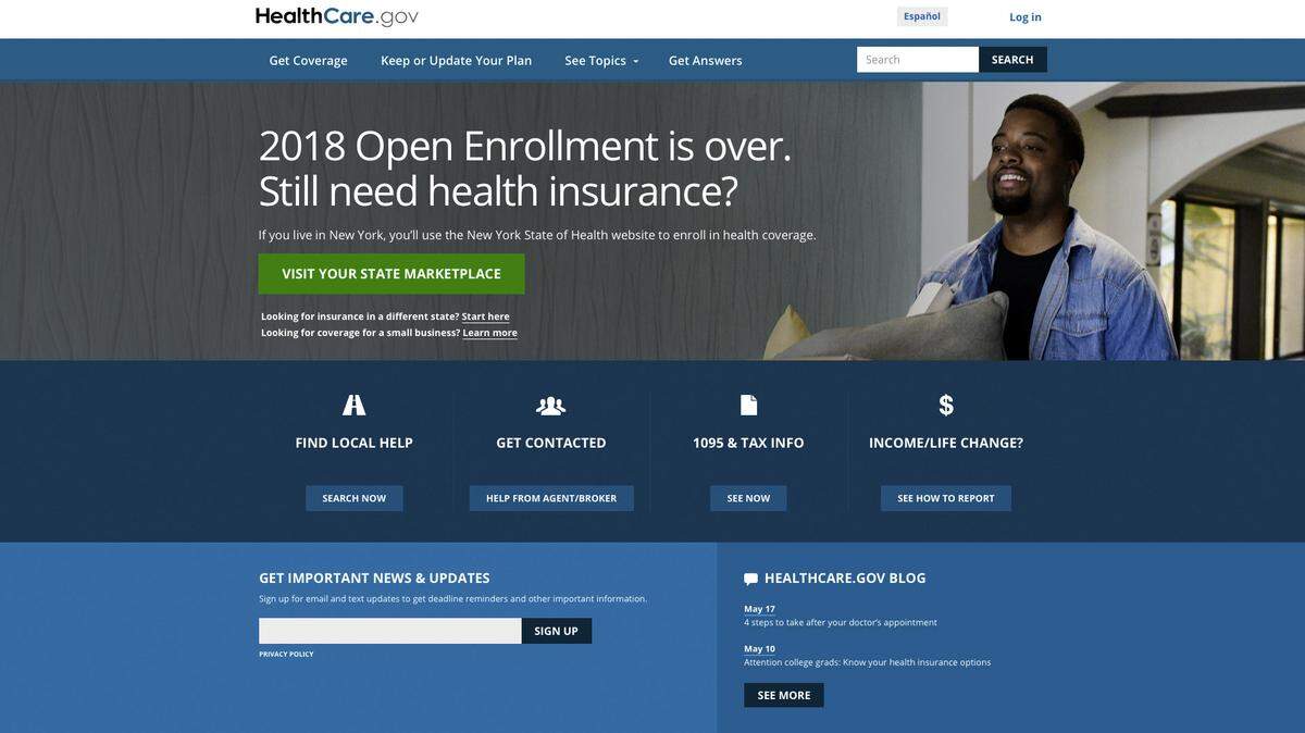 This screen grab shows the main page of the healthcare.gov website in Washington, on Monday, May 21, 2018. A major government survey finds that the U.S. clung to its health insurance gains last year, a surprise after President Donald Trump’s repeated attempts to dismantle “Obamacare.”