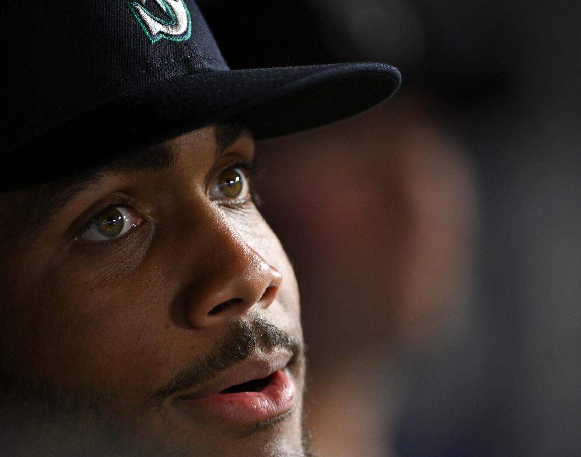 Seattle Mariners center fielder Julio Rodriguez (44) looks on before the opening day game between the Boston Red Sox and Seattle Mariners at T-Mobile Park, on Thursday, March 28, 2024, in Seattle, Wash.