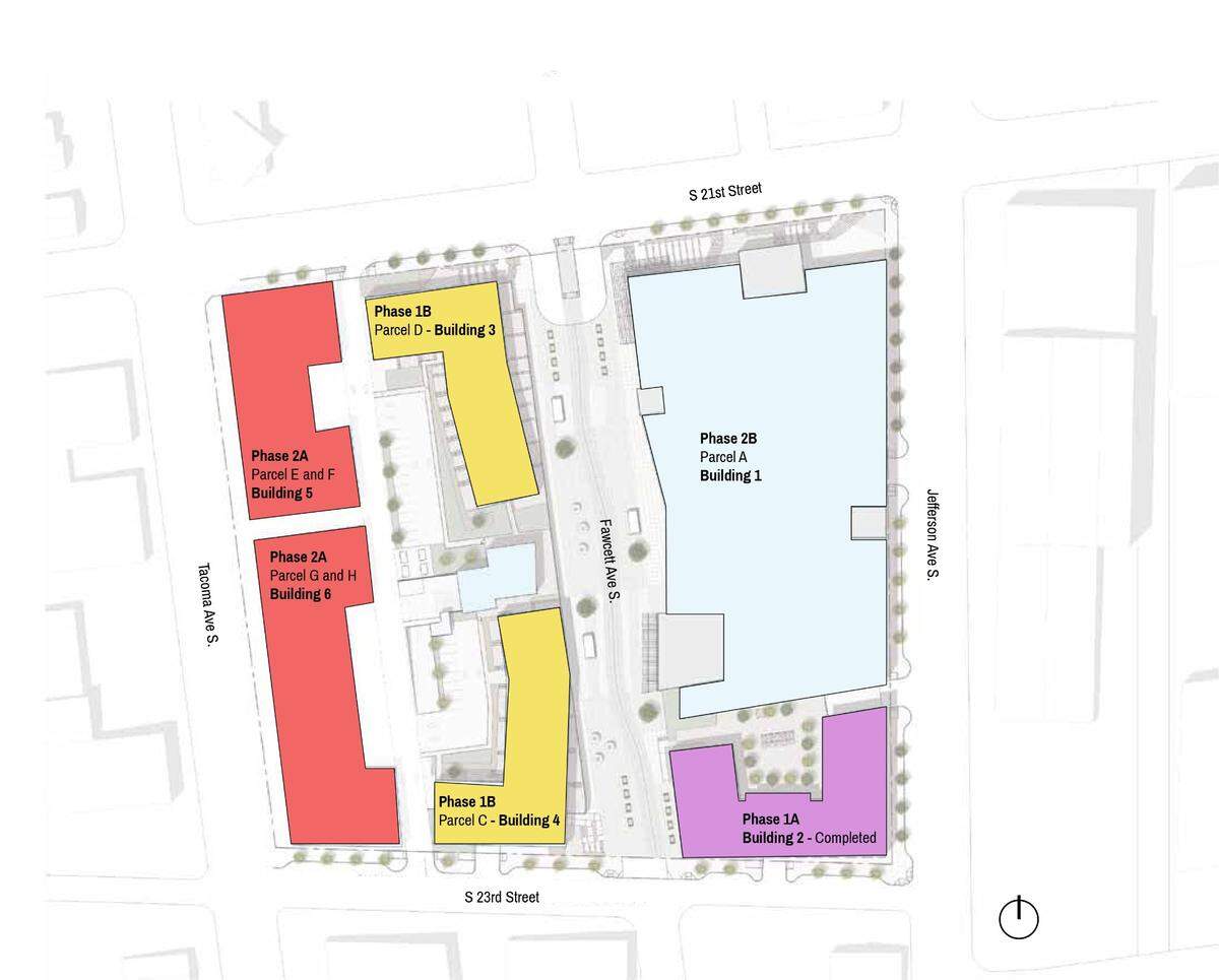 A map from a 2021 City Council presentation showing the various buildings planned for Tacoma Town Center.