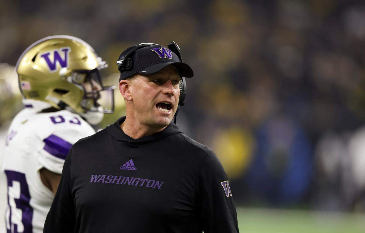 Washington Huskies head coach Kalen DeBoer yells during the second quarter of the College Football Playoff National Championship game against the Michigan Wolverines at NRG Stadium on Monday, Jan. 8, 2024, in Houston.