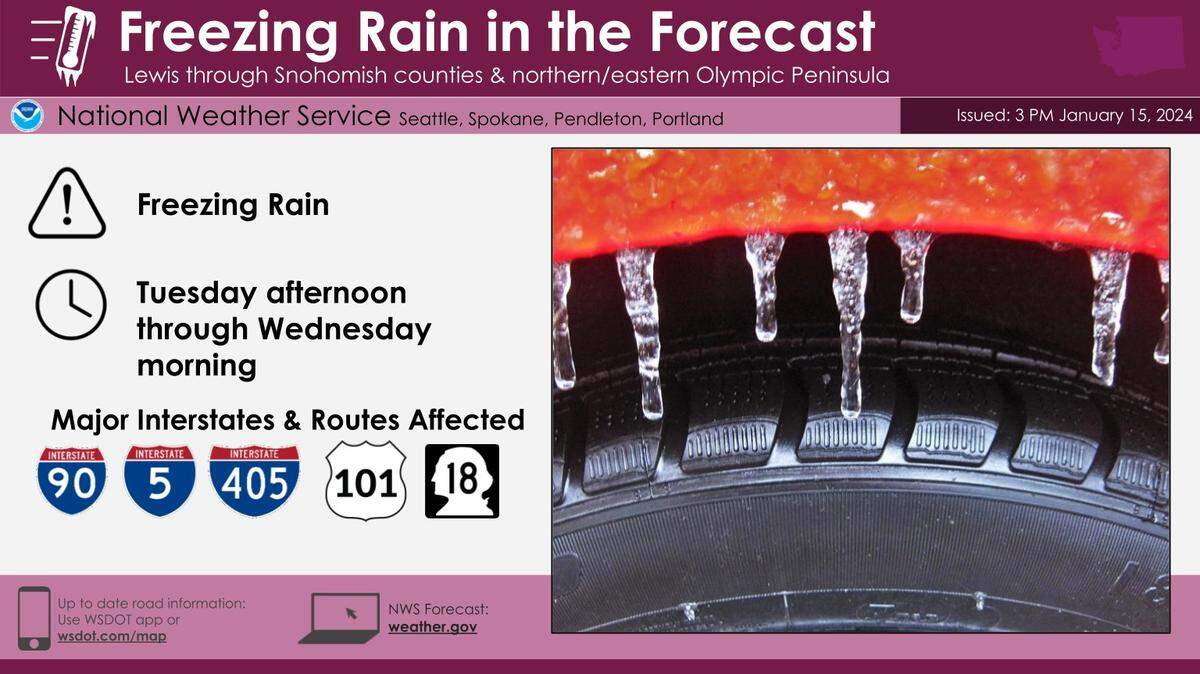 The National Weather Service says that most of Washington state can expect freezing rain and snow starting Tuesday through Wednesday evening.