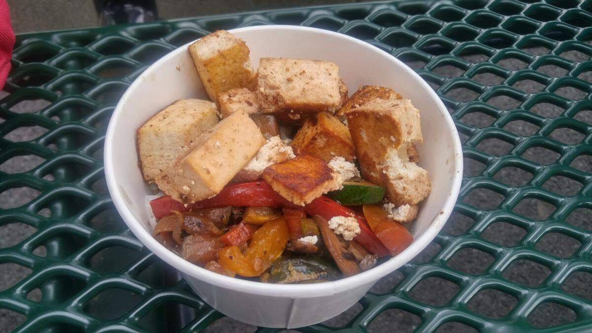 A hibachi bowl of tofu, mixed vegetables and rice from the Ribachi stand at Cheney Stadium.