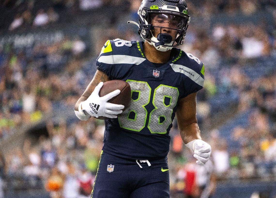 Seattle Seahawks wide receiver Cade Johnson (88) makes the Seahawks’ first touch down after catching the ball in the end zone during the second half of the Seahawks second preseason game at Lumen Field in Seattle, Wash. on August 18, 2022.