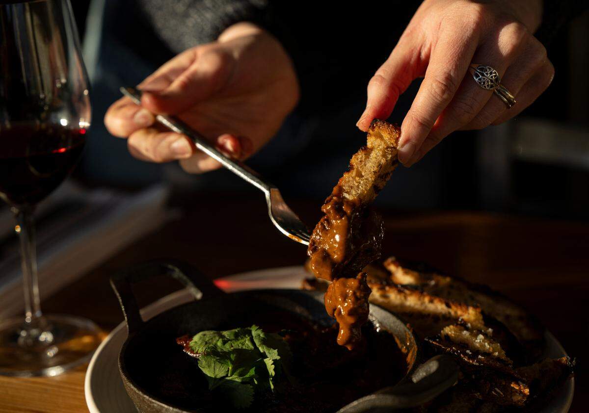 The braised elk in an ancho-huckleberry cream deserves a dip of grilled sourdough toast. On a menu that changes frequently, it’s one of the resaturant’s signature dishes.