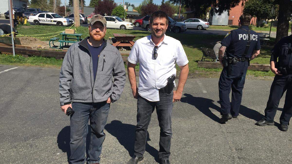 Puyallup City Council candidate Matt Cuyle (left) and local business owner Tim Mellema (right) photographed near New Hope Resource Center in April 2016.