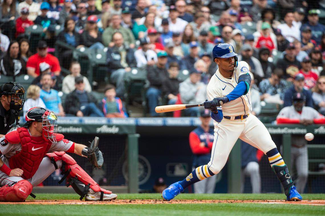 Seattle Mariners center fielder Julio Rodriguez (44) bats during the first inning at T-Mobile Park on Sunday, June 12, 2022 in Seattle, Wash. The Mariners lost to the Red Sox 0-2 after a homer was hit in the eighth inning scoring both runs for the Red Sox.