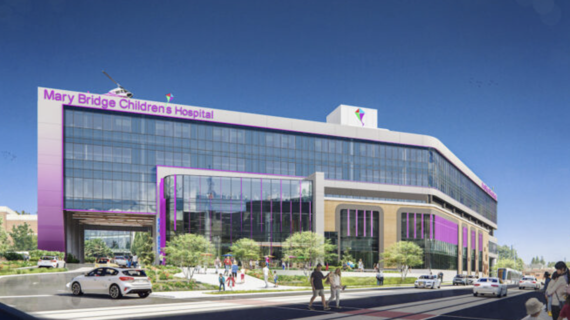 A rendering shows the planned MultiCare Children’s Hospital, which is currently under construction. A power vault at the construction site was tied to a recent network outage for the health care system.