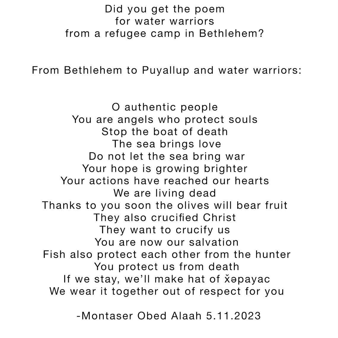A poem written by a young Palestinian man for the water warriors.