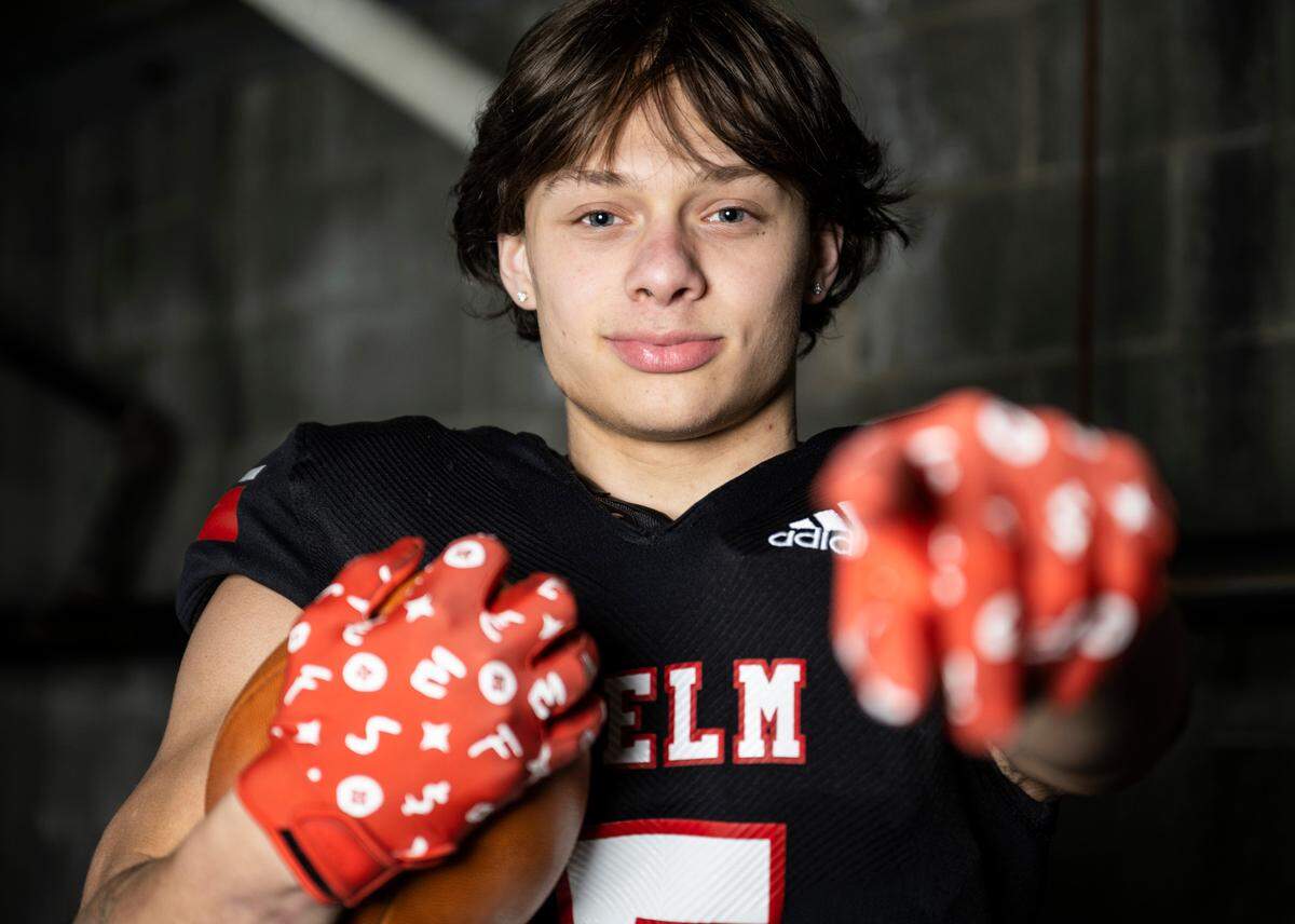 Yelm senior Kyler Ronquillo poses for a portrait after being selected as a wide receiver for The News Tribune’s 2022 All-Area football team, at Mount Tahoma High School in Tacoma, Wash. on Dec. 4, 2022.