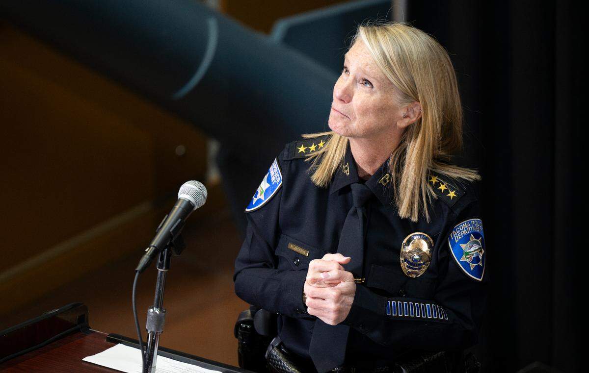 Interim Tacoma Police Chief Patti Jackson speaks after being sworn in at her swearing in ceremony at Tacoma Police Headquarters, on Wednesday, March 19, 2025, in Tacoma. She’s to remain in place indefinitely.