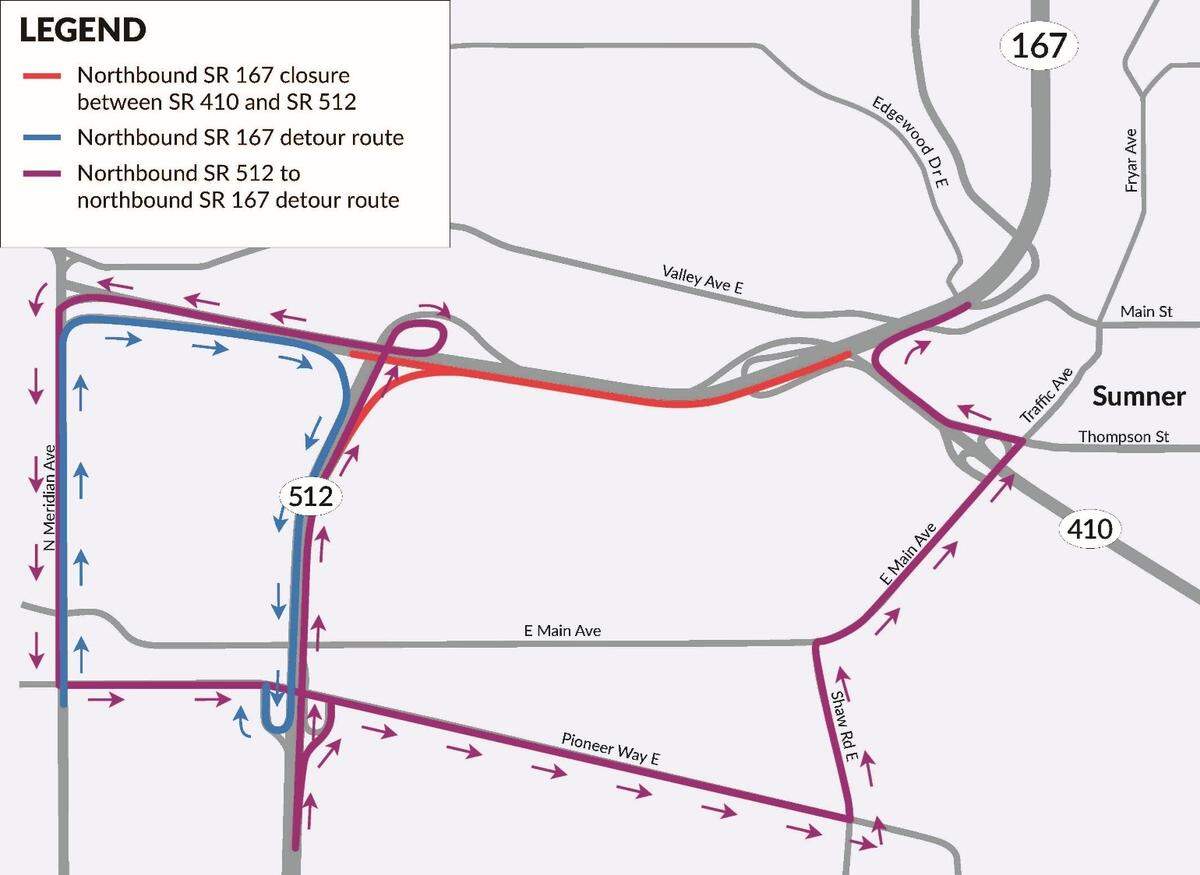 The detours in place for state Route 167. All lanes on northbound state Route 167 will be closed from 10 p.m. on Monday, Jan. 26 to 6 a.m. on Tuesday, Jan. 27.