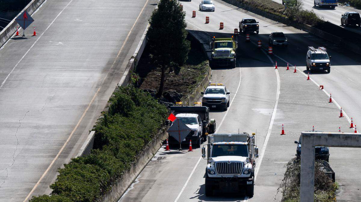 Crews block the on-ramp to Interstate 705 in this March file photo.