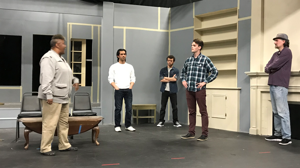 From left, Robin McGee, Rodman Bolek, Joel Thomas, Randon Welch, Ben Stahl rehearse a scene from “Laura,” which begins later this month at Tacoma Little Theatre.