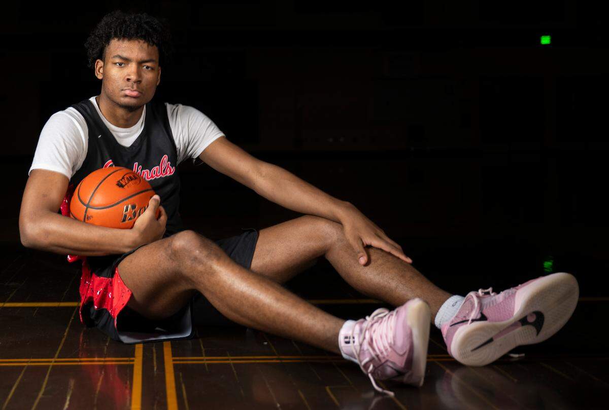The News Tribune’s 2025 All-Area boys basketball first-team selection, Franklin Pierce senior Javon Barbee, poses for a portrait at Sumner High School, on Sunday, March 23, 2025, in Sumner.