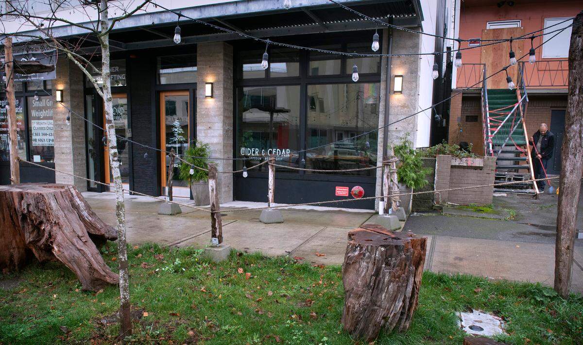Untenable conditions caused by nearby homeless encampments have prompted the owners of Cider & Cedar Taproom to move to new location in downtown Tacoma, Washington - shown on Tuesday, Dec. 7, 2021. Police occasionally advised guests sitting outside to move indoors, the owners said.