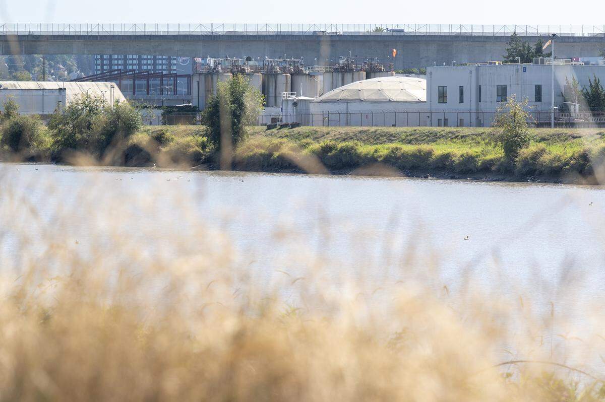 A city of Tacoma Wastewater Treatment Plant is visible from across the Puyallup River on Monday, Sept. 22, 2025, in Tacoma, Wash.