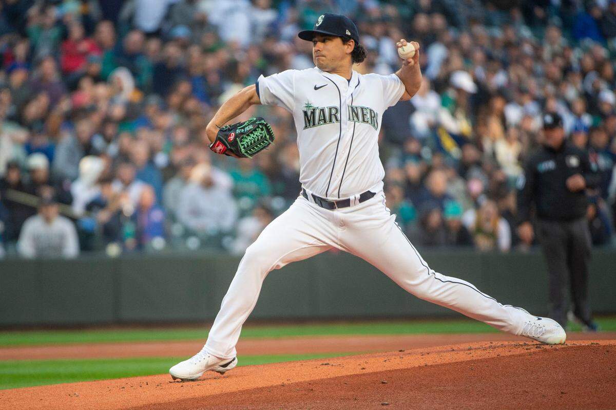 Seattle Mariners starting Marco Gonzales (7) delivers the first pitch of their game against the Houston Astros during the home opener at T-Mobile Park in Seattle on Friday, April 15, 2022.