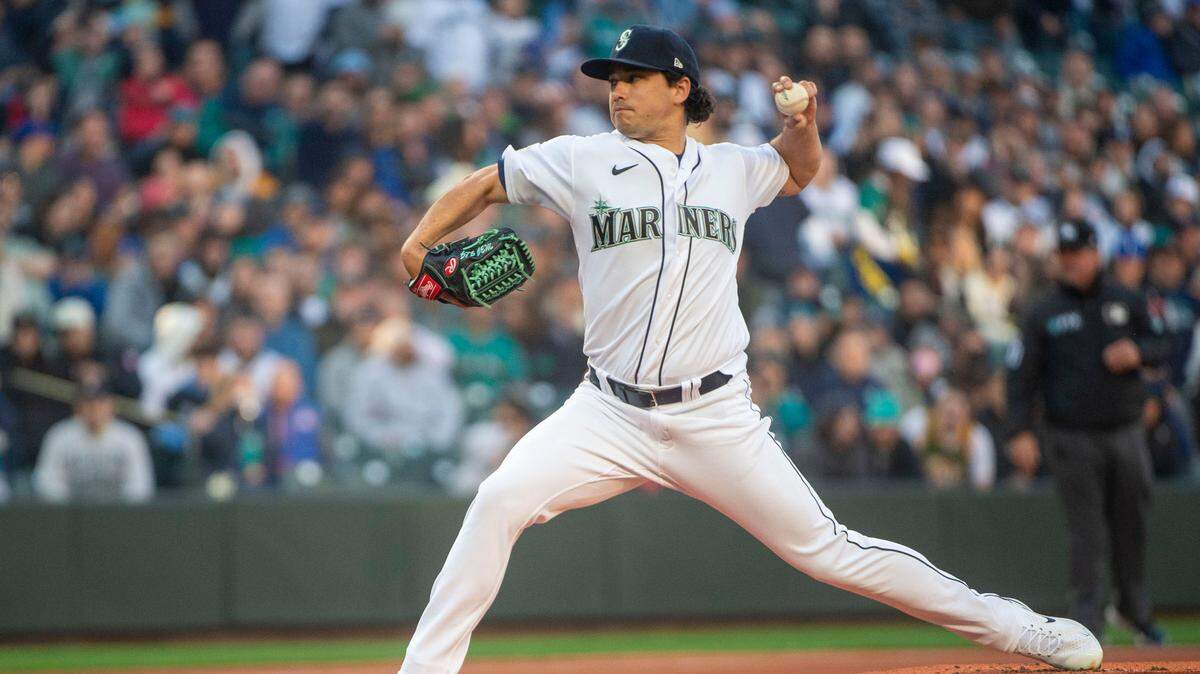 Seattle Mariners starting Marco Gonzales (7) delivers the first pitch of their game against the Houston Astros during the home opener at T-Mobile Park in Seattle on Friday, April 15, 2022.