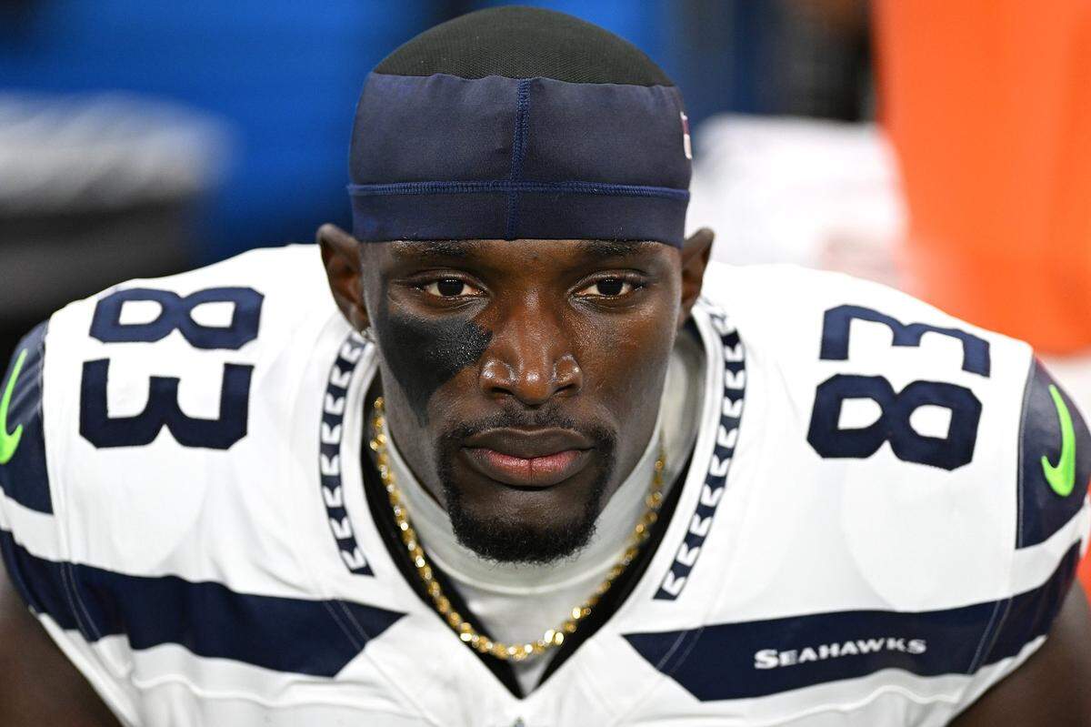 Seattle Seahawks wide receiver Dareke Young (83) sits on the bench during pregame warmups before their game against the Detroit Lions at Ford Field in Detroit, Mich. Mandatory Credit: Lon Horwedel-Imagn Images