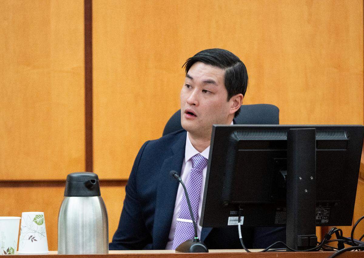 Defendant Timothy Rankine testifies under direct examination during the trial of three Tacoma Police officers in the killing of Manny Ellis at Pierce County Superior Court, Tuesday, Dec. 5, 2023, in Tacoma, Wash. Tacoma Police Officers Christopher Burbank, Matthew Collins and Timothy Rankine stand trial for charges related to the March 2020 killing of Manny Ellis. (Brian Hayes / Pool Photo – The News Tribune)