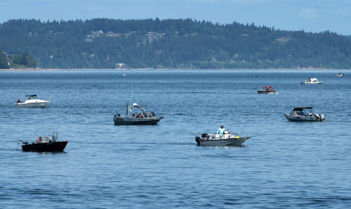 Boaters fill Puget Sound off Point Defiance in Tacoma, Washington, on the opening day of salmon fishing season on Thursday, June 1, 2023.