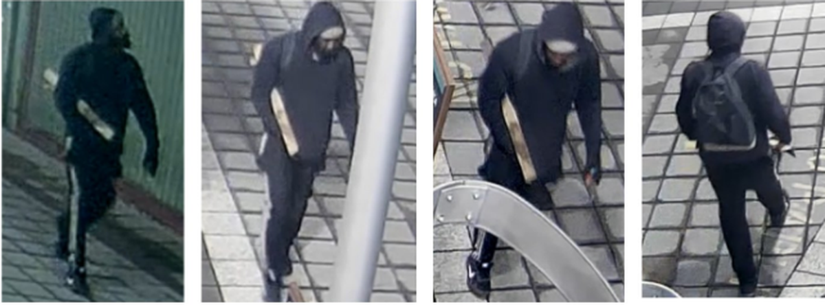 These are images release by Tacoma police of a man suspected of arson for starting fires Wednesday, March 8, 2023 at two buildings in the city’s Dome District. Police said surveillance video showed him starting a fire at Freighthouse Square.