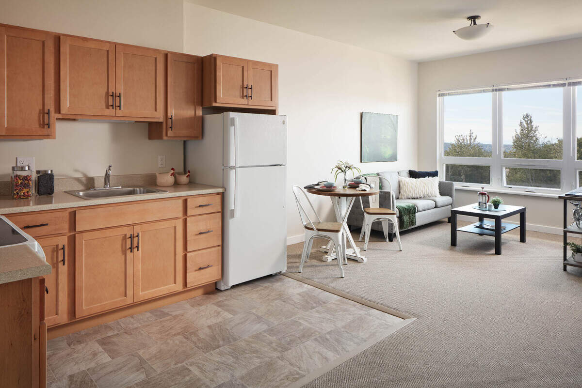 One of the main buildings in Wesley at Tehaleh has 196 apartments — 18 for memory care, 136 for independent living and 42 for catered living.