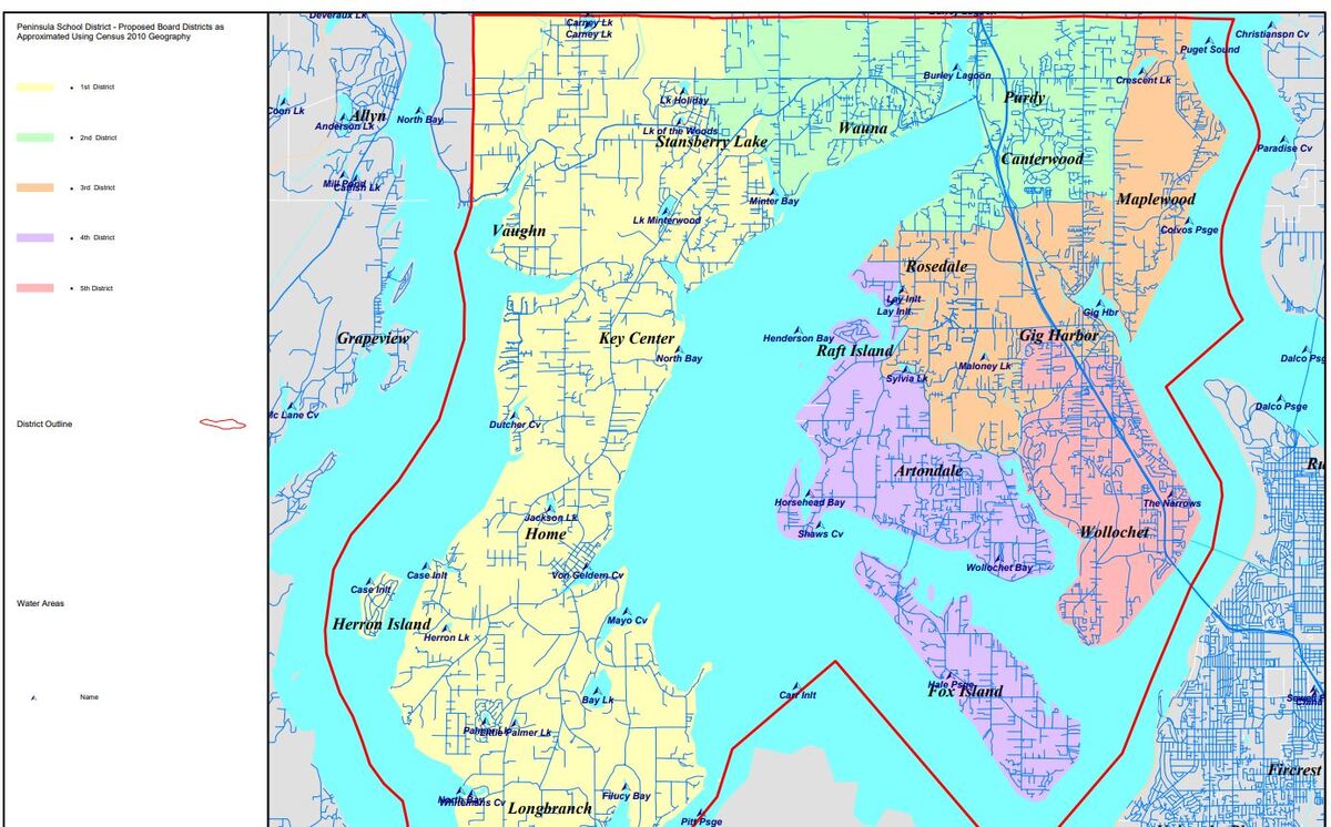 A map of the Peninsula School District and the sub-district. Ran Wilhelmsen, director for district three, resigned before the May 10 regular meeting. A replacement for district three will be appointed within three months. District three is highlighted in orange on the map. 