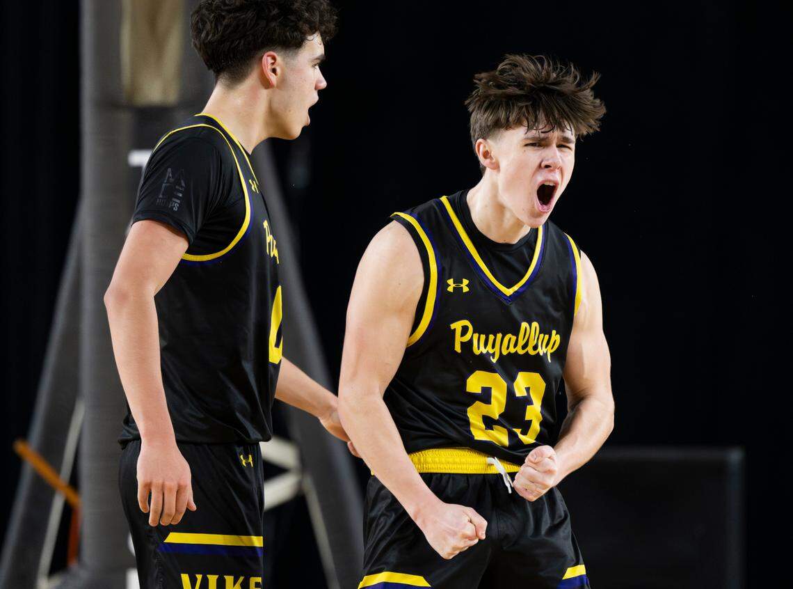 Puyallup’s Drew Jones (23) reacts a foul on Mount Si during the second half of a Class 4A state basketball tournament quarterfinal game at the Tacoma Dome on Thursday, March 6, 2025, in Tacoma, Wash.