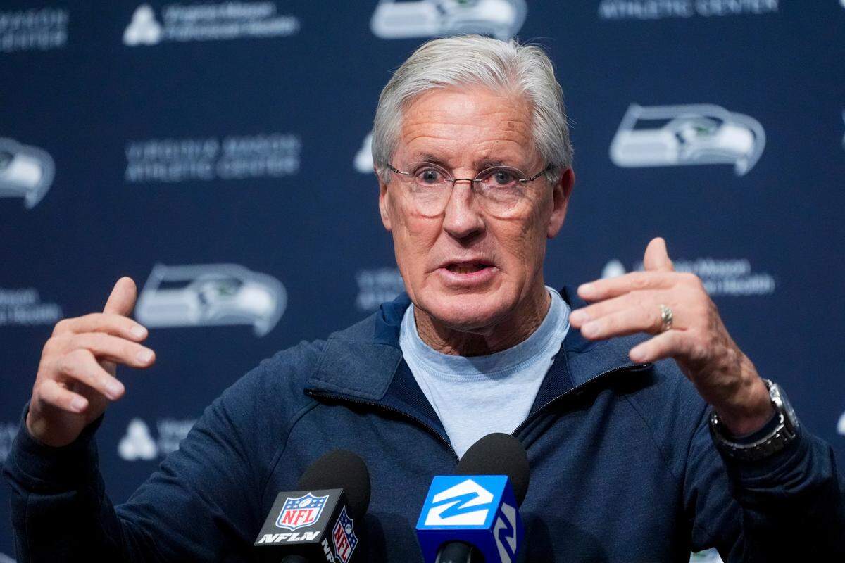Former Seattle Seahawks head coach Pete Carroll speaks during a media availability after it was announced he will not return as head coach next season, Wednesday, Jan. 10, 2024, at the NFL football team’s headquarters in Renton, Wash. Carroll will remain with the organization as an advisor, according to a statement from owner Jody Allen. (AP Photo/Lindsey Wasson)