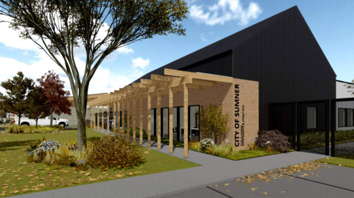 An architectural rendering of the administrative entry to the operations facility the city of Sumner is considering building. The facility will give employees a modern-looking building and more room for vehicles and office spaces.