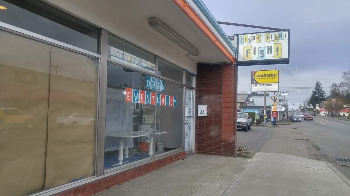 A cheeky sign promises "open eventually" on the storefront of Fish Fish Fish. The fish-and-chips restaurant has been a project two years in the works. It's finally opening in Tacoma's Sixth Avenue neighborhood.