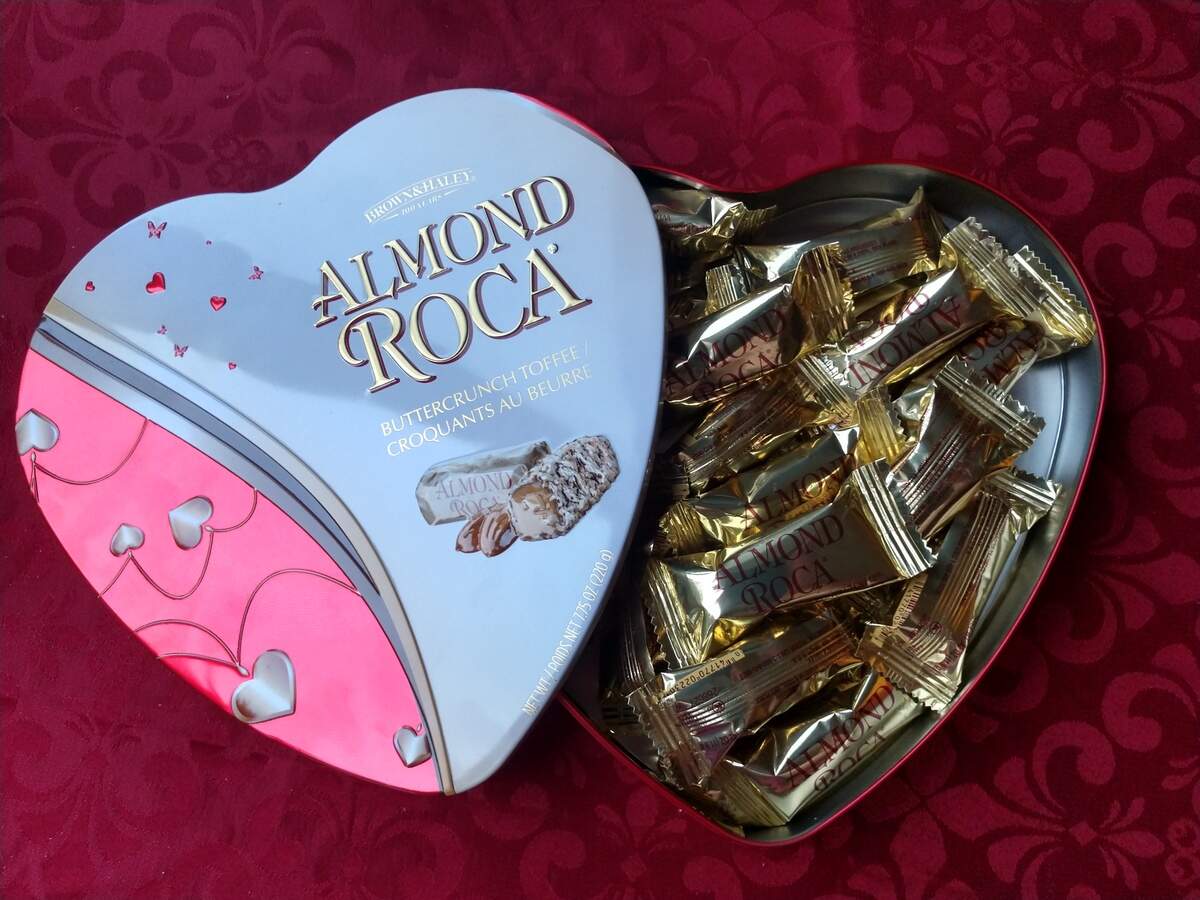 A heart-shaped tin of Almond Roca from Brown & Haley’s factory outlet store in Tacoma’s Dome District.