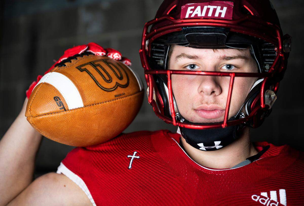 Kennedy Catholic senior Mason Hayes poses for a portrait after being selected as an all-purpose player for The News Tribune’s 2022 All-Area football team, at Mount Tahoma High School in Tacoma, Wash. on Dec. 4, 2022.