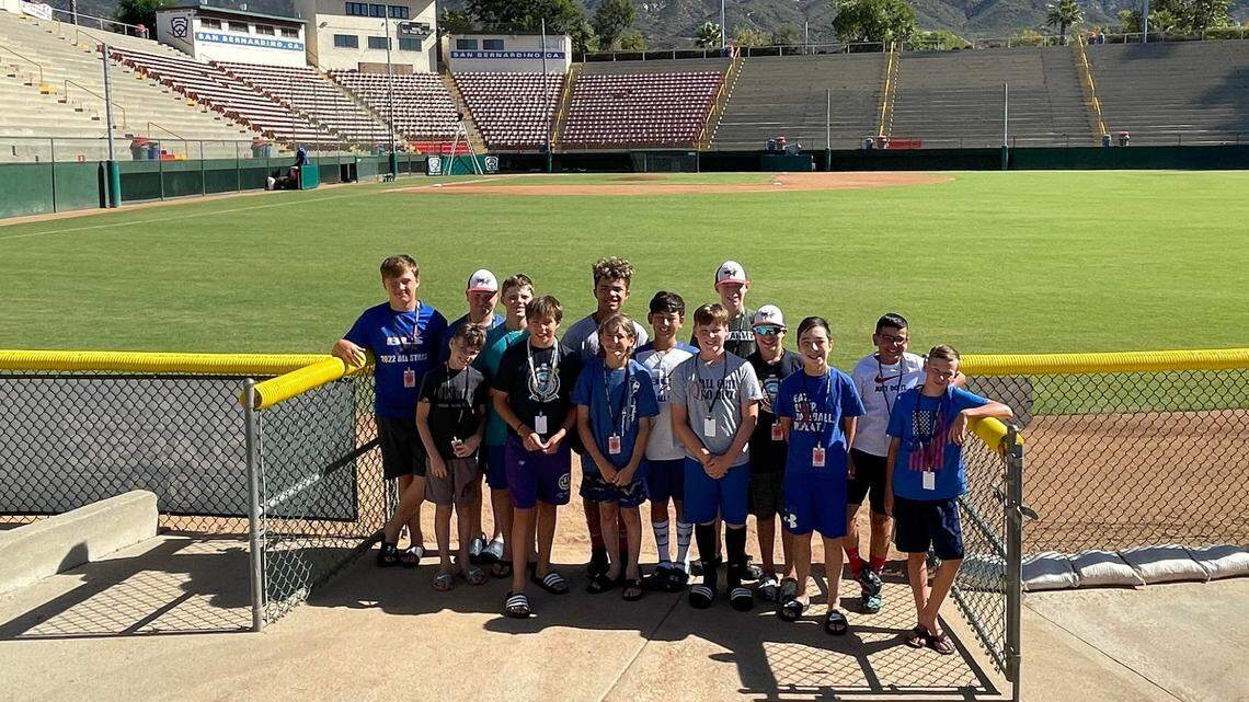 The Bonney Lake-Sumner Little League all-stars gather in front of Al Houghton Stadium in San Bernadino, CA. Over the past week, the squad went 3-0 at the stadium to win the Northwest tournament and clinch a spot in the Little League World Series.