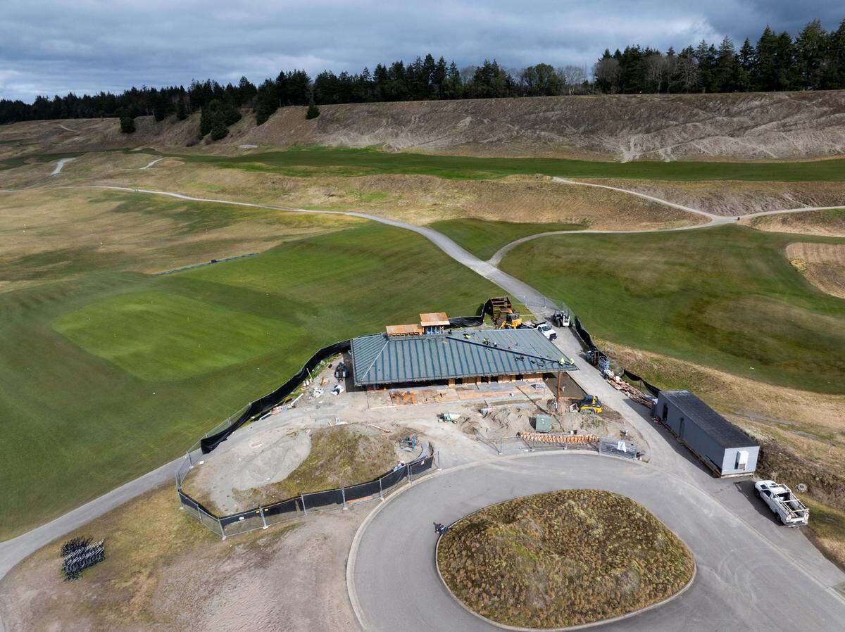 As seen from above on March 3, construction is underway at The Turnstand, a new food-and-beverage facility at the heart of Chambers Bay Golf Course and Chambers Creek Regional Park in University Place.