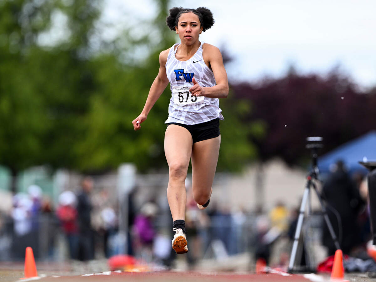 Federal Way’s Cassandra Atkins competes in the 4A competes in the 4A triple jump during day 2 of the Track and Field Championship at Mount Tahoma High School, on Friday, May 24, 2024, in Tacoma.
