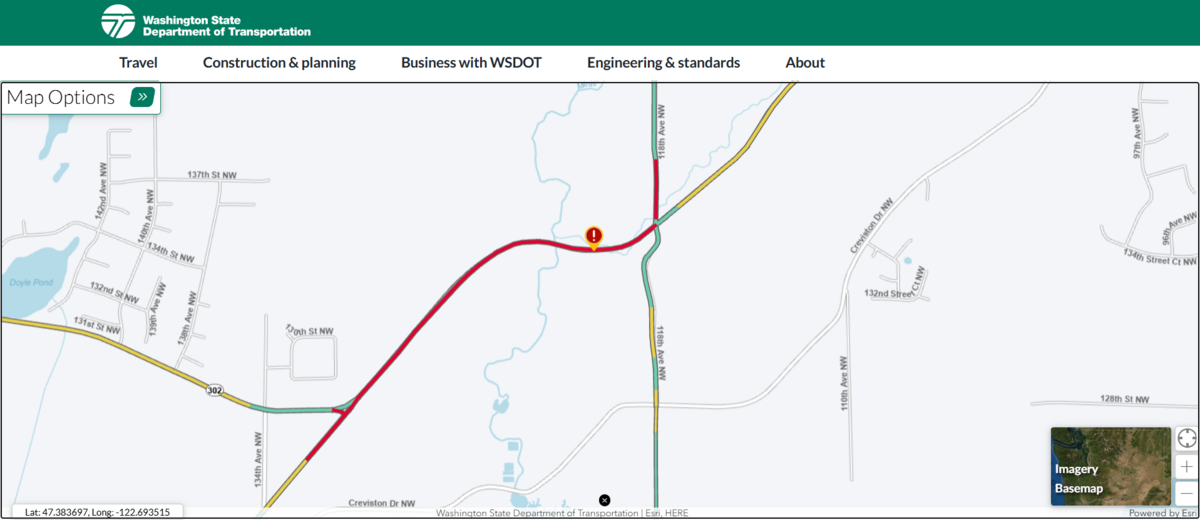 Screenshot taken on Monday, August 4, at 10:10 a.m. from the WSDOT website showing high construction traffic on SR 302 westbound.