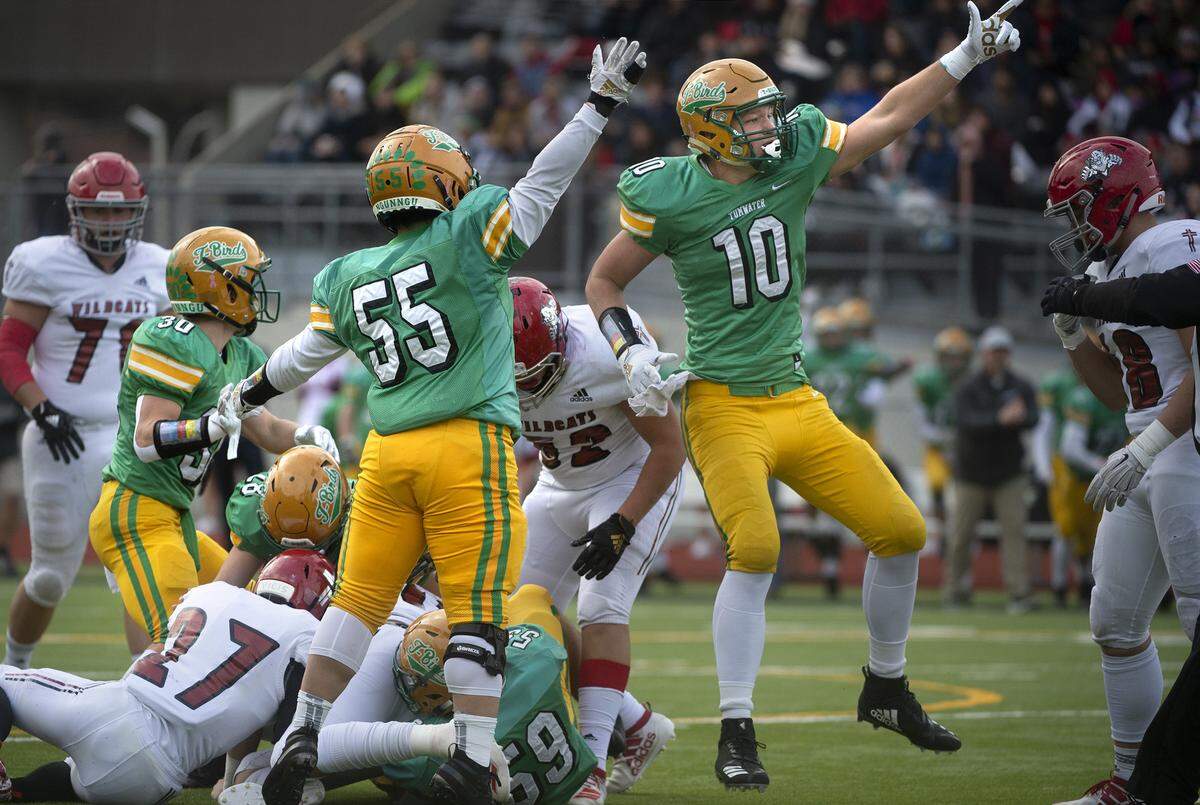 Tumwater defenders Max Henry (55) and Ryan Otton celebrate Gaven Murphy’s fumble recovery early in Saturday’s 2A state quarterfinal football game against Archbishop Murphy at Tumwater District Stadium on Nov. 23, 2019.
