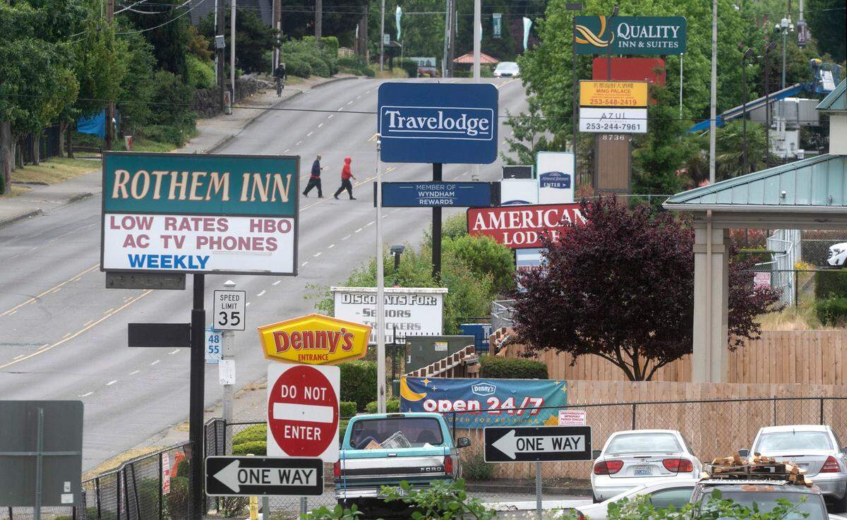 Nearly 40 percent of Tacoma’s 23 licensed hotels (9) are located on Hosmer Street in Tacoma, Washington, shown June 28, 2022. The roughly half-mile stretch running parallel to Interstate 5 is arguably the city’s most dangerous and crime-plagued areas - with five homicides in 2022.
