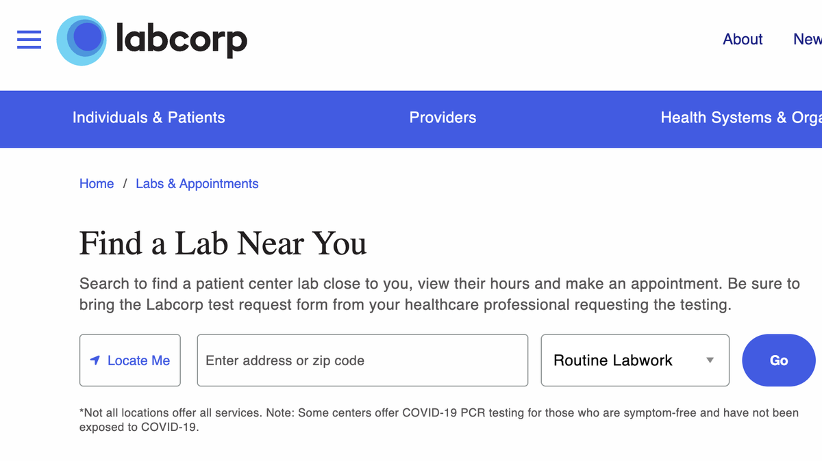 A screenshot of Labcorp’s website seen July 3. The health care entity is no longer operating lab sites that serve within the Virginia Mason Franciscan Health network in Pierce and South King counties, according to VMFH.
