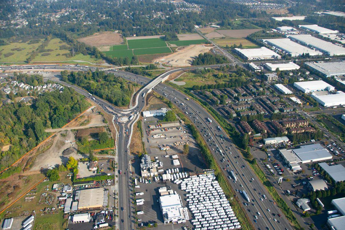 An aerial view of part of the future SR 167 Expressway on October 4, 2022, in Fife, Wash. The new expressway will add 6 miles of tolled highway between Puyallup and the Port of Tacoma, according to the Washington State Department of Transportation.