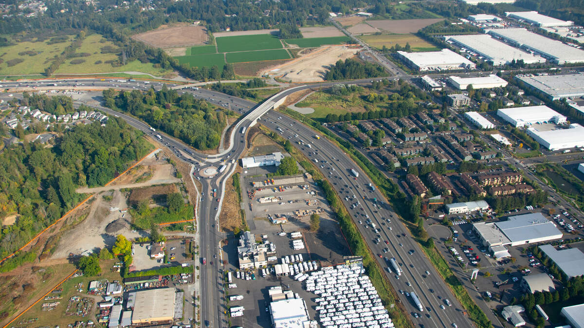 An aerial view of part of the future SR 167 Expressway on October 4, 2022, in Fife, Wash. The new expressway will add 6 miles of tolled highway between Puyallup and the Port of Tacoma, according to the Washington State Department of Transportation.