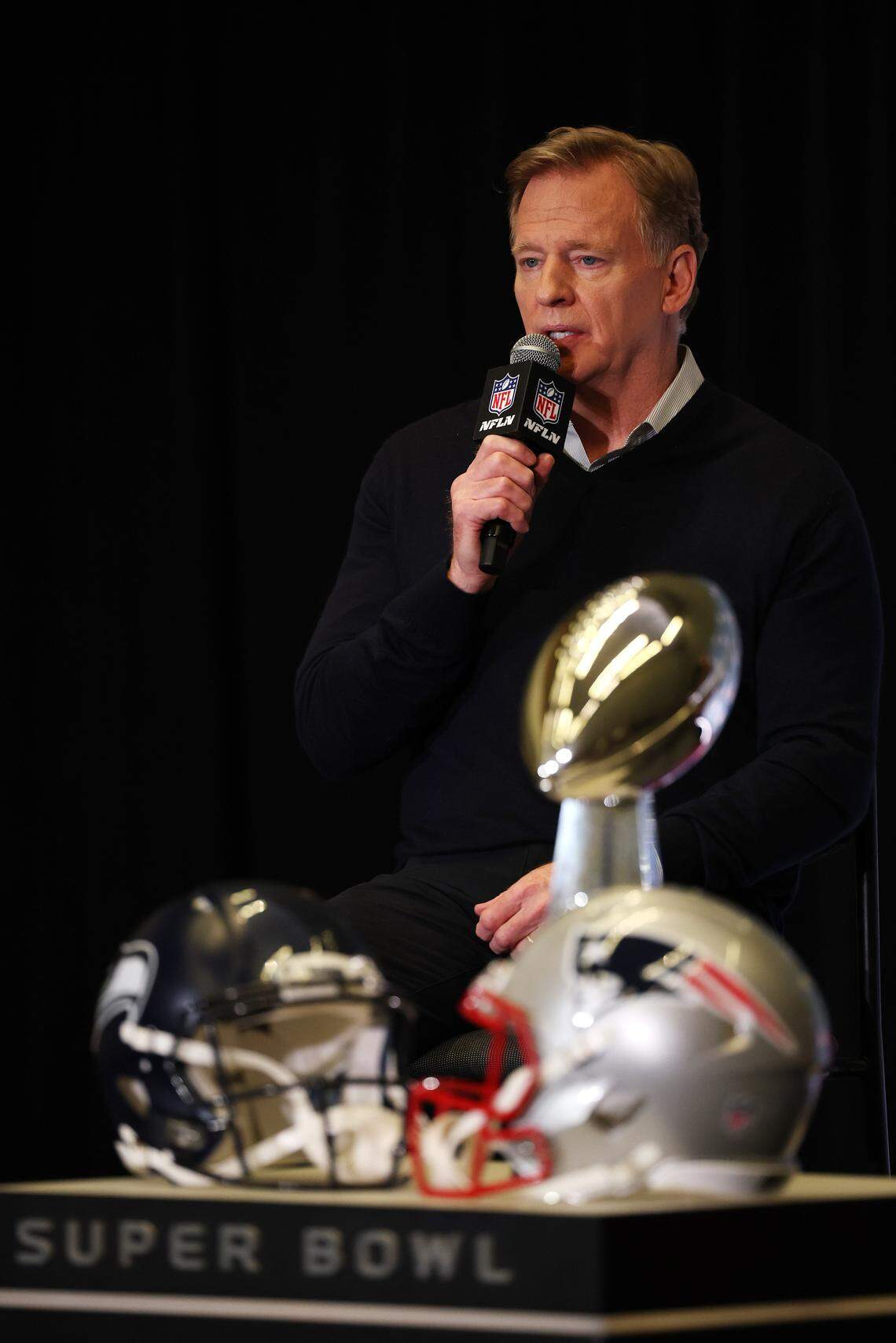 SAN JOSE, CALIFORNIA - FEBRUARY 02: NFL commissioner Roger Goodell speaks during Super Bowl LX Opening Night at San Jose McEnery Convention Center on February 02, 2026 in San Jose, California. (Photo by Chris Graythen/Getty Images)