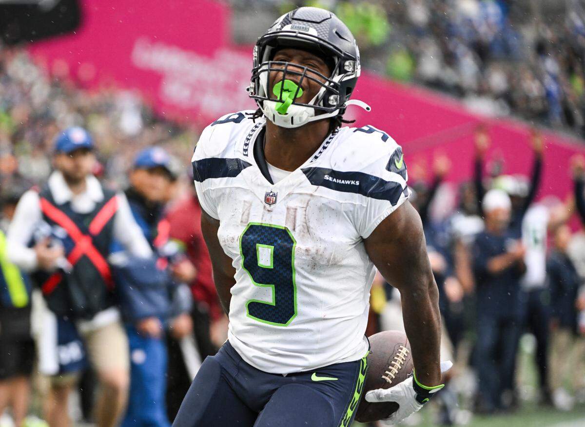 Seattle Seahawks running back Kenneth Walker III (9) reacts to a 7-yard touchdown during the fourth quarter of the game against the Carolina Panthers at Lumen Field, Sunday, Sept. 24, 2023, Seattle, Wash.