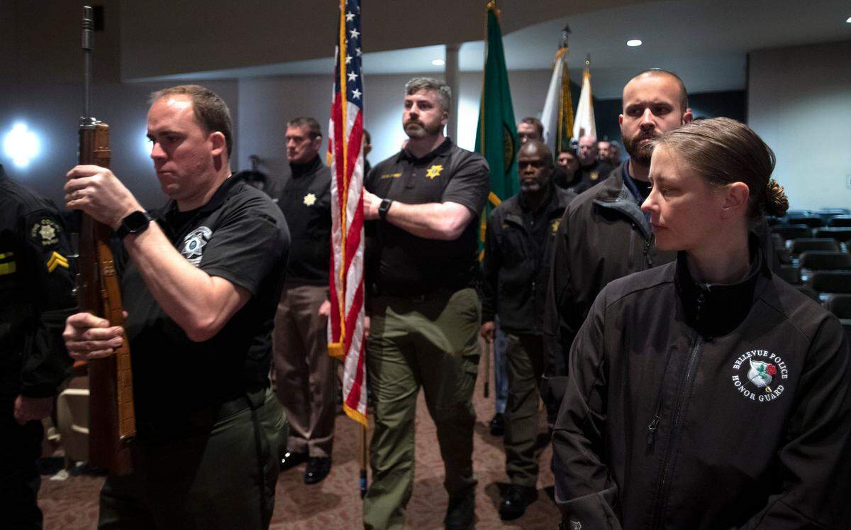 Honor guard members rehearse before the celebration of life ceremony for Pierce County sheriff’s deputy Dom Calata at Church For All Nations in Parkland, Washington, on Friday, March 25, 2022.