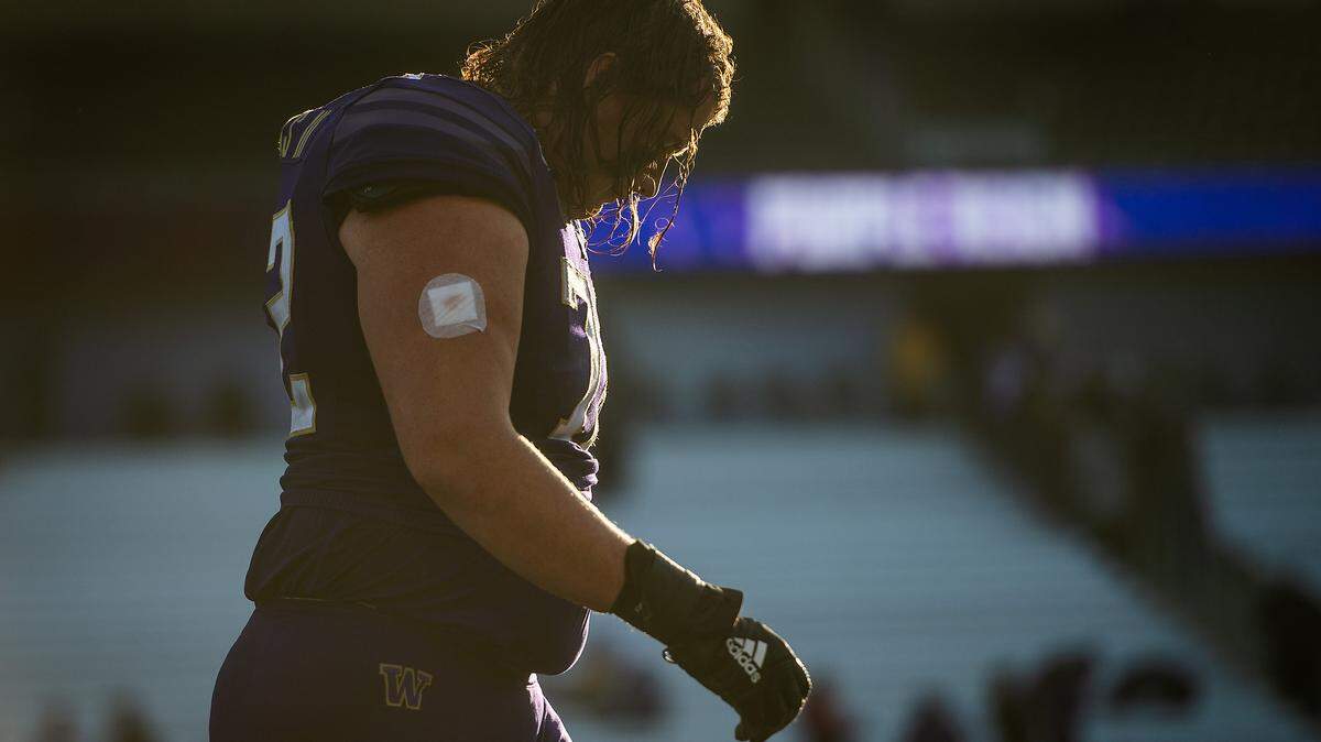 Washington Huskies offensive lineman Trey Adams (72) walks on the field after the game. The Washington Huskies played the Utah Utes in a NCAA football game at Husky Stadium in Seattle, Wash., on Saturday, Nov. 2, 2019.