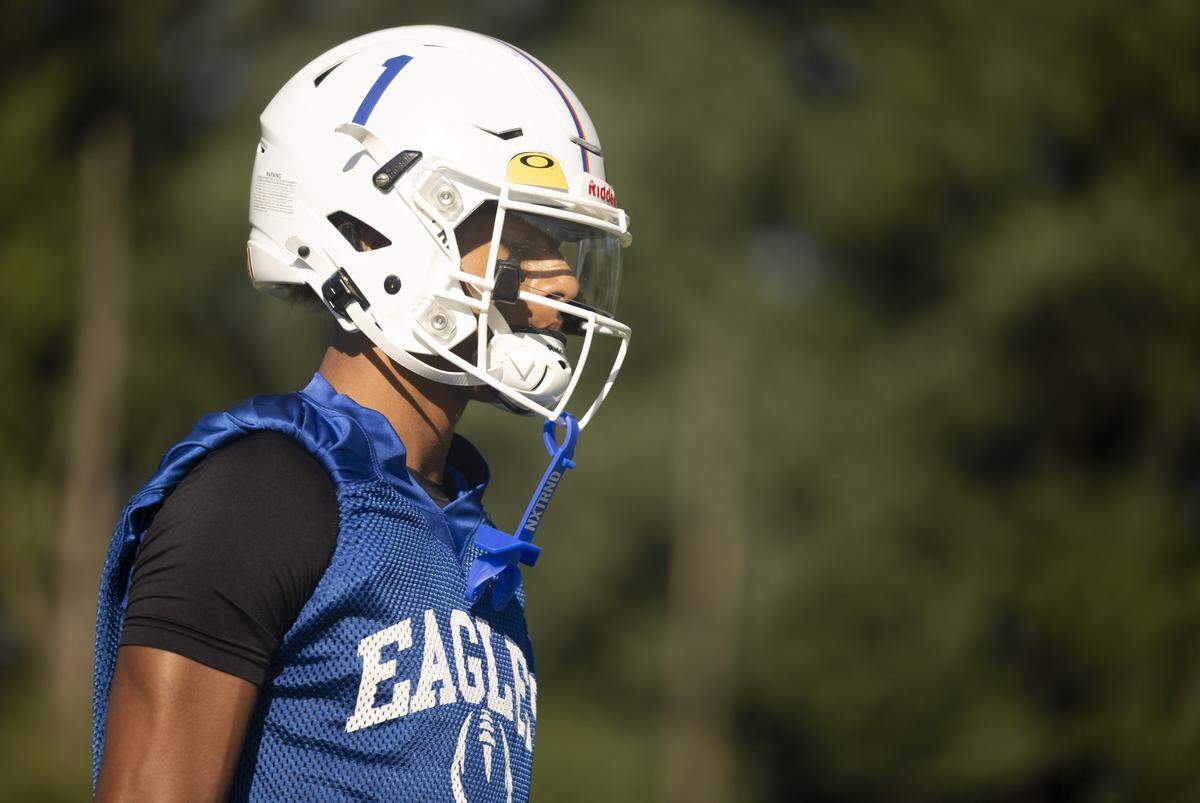 Graham-Kapowsin wide receiver Jayce Halasz looks on during a football practice at Graham-Kapowsin High School on Friday, Aug. 22, 2025, in Graham, Wash.