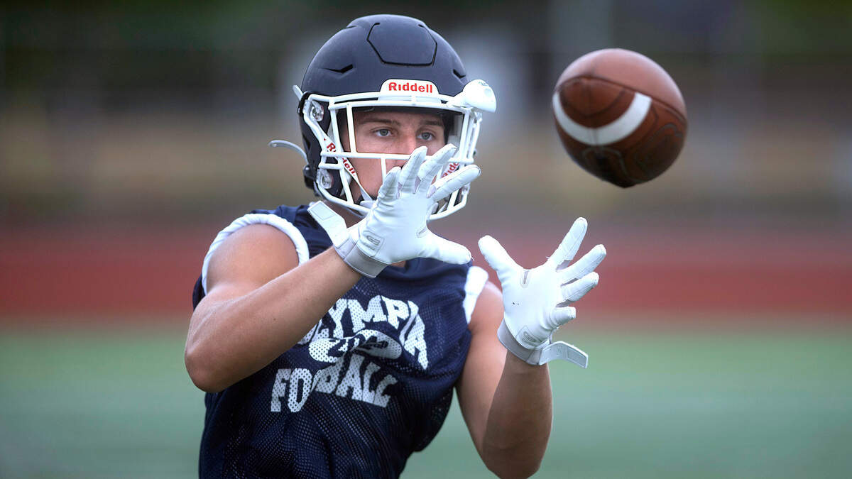 Olympia senior wide receiver Mason Juergens is returning as a leading offensive producer for the Bears. He is shown during football practice at Ingersoll Stadium in Olympia, Washington on Friday, Aug. 19, 2022.